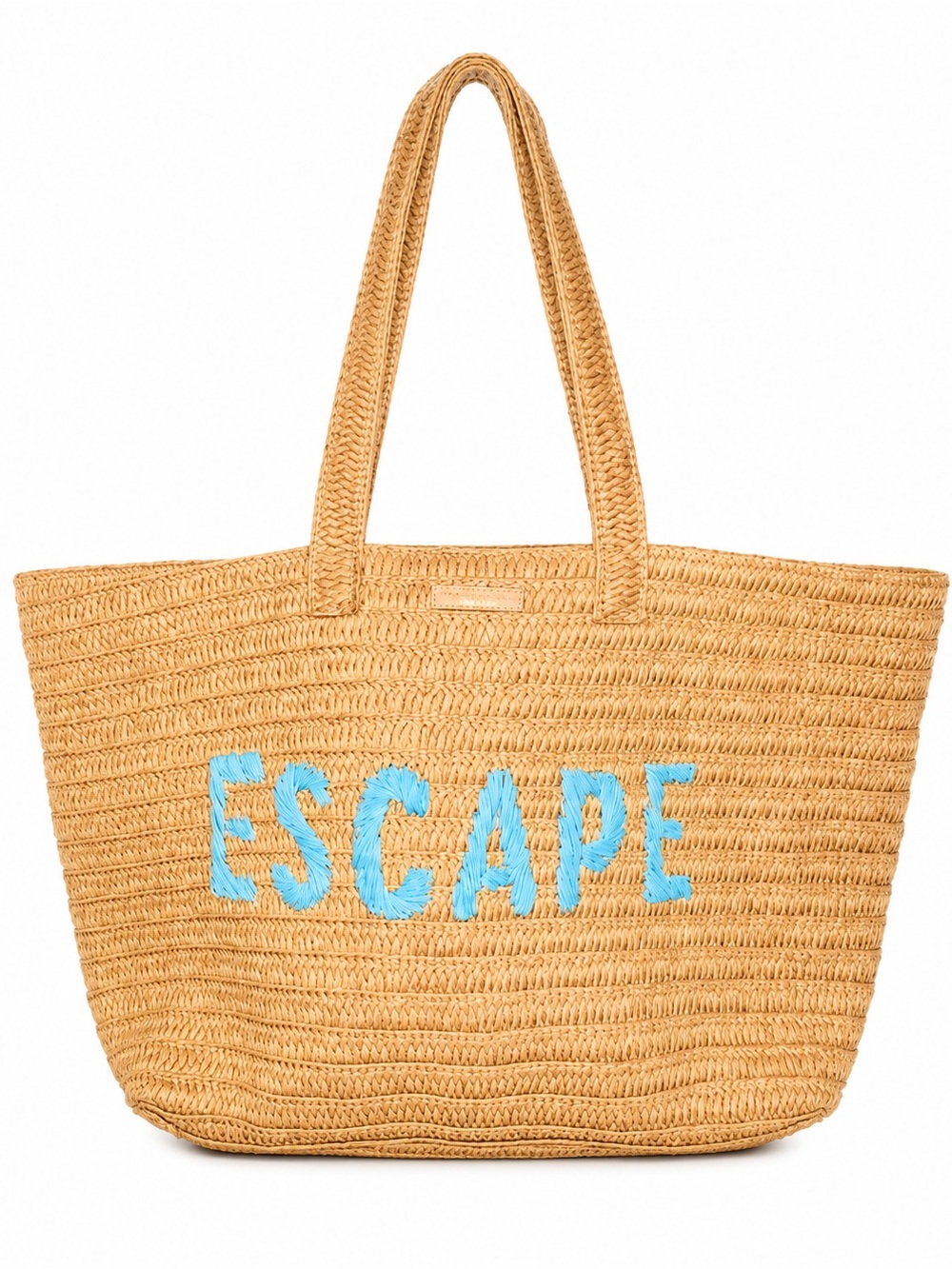 Christian Siriano Natural Straw Tote with Blue "ESCAPE" Embroidery